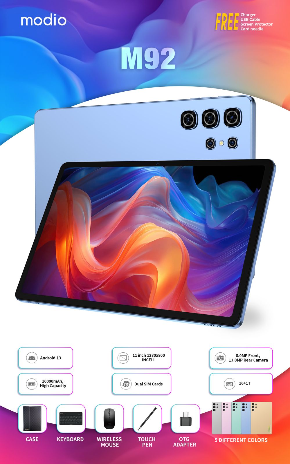 Modio M92 5G Tablet – 16GB RAM, 1TB Storage, 11-inch Display, 5G Connectivity, Bluetooth Keyboard, Mouse & Stylus Pen