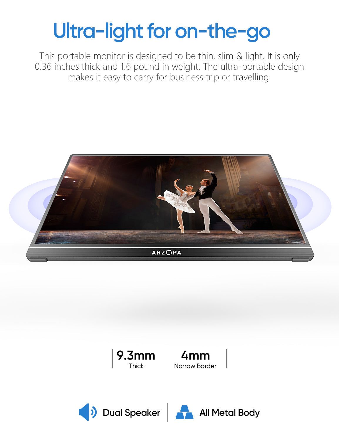 Arzopa A1 15.6” Portable Travel Monitor – Full HD 1080P IPS Display with USB-C & HDMI