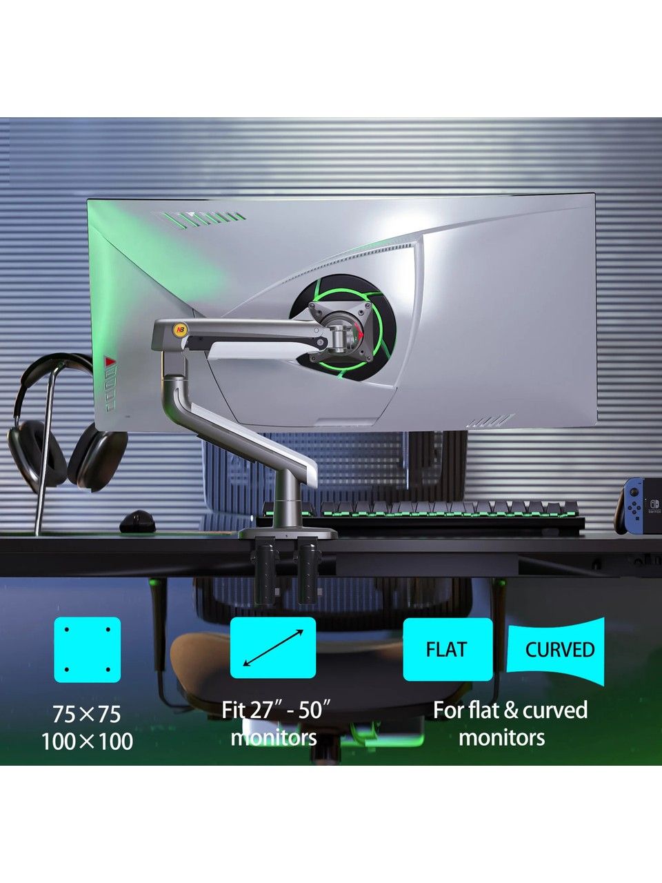 North Bayou A5 Heavy-Duty Gaming Monitor Arm – Fits 27" to 50" Flat, Curved & Ultrawide Monitors, VESA 75/100mm, Max Load 18kg