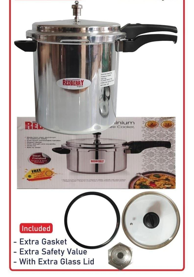 Redberry elegant pressure cooker..3.5L,5L,7.5L,10L,12L Extra gasket Extra safety valve With extra glass lid Stainless Steel Energy Saving Highly durable, explosion proof and easy to clean equipment.