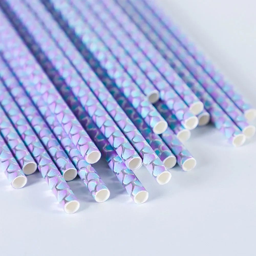 25Pcs/Pack Mermaid Straw Fish Scale Paper Disposable Food Grade Degradable Tableware For Birthday Party Drinking Festive Event Supplies