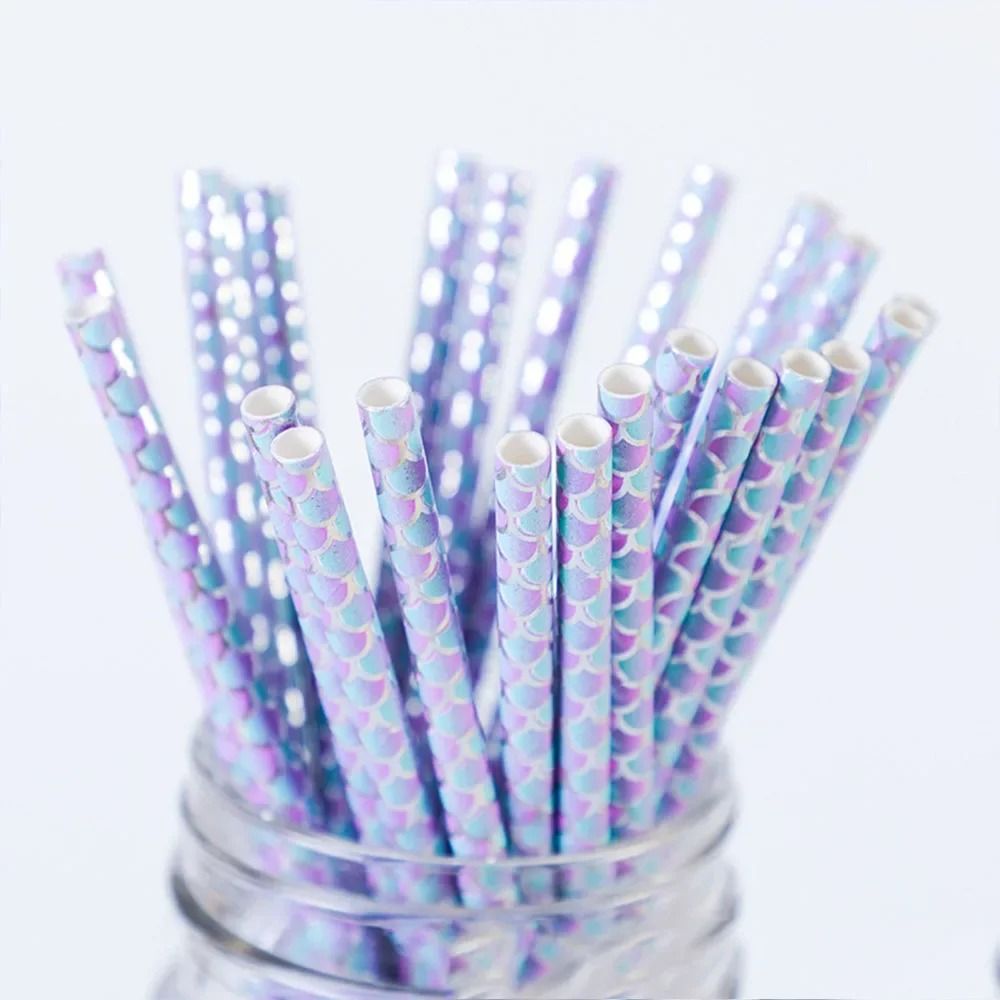 25Pcs/Pack Mermaid Straw Fish Scale Paper Disposable Food Grade Degradable Tableware For Birthday Party Drinking Festive Event Supplies