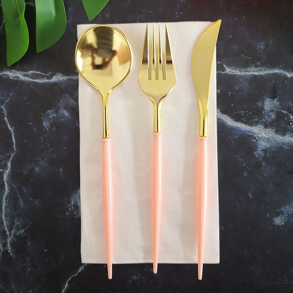 Gold Knives Forks Spoons Set Tableware Colorful Gilt Plastic Food Grade Disposable For Birthday Party Cake Fruit Desserts Dinner