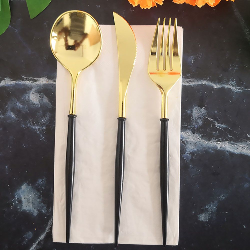 Gold Knives Forks Spoons Set Tableware Colorful Gilt Plastic Food Grade Disposable For Birthday Party Cake Fruit Desserts Dinner