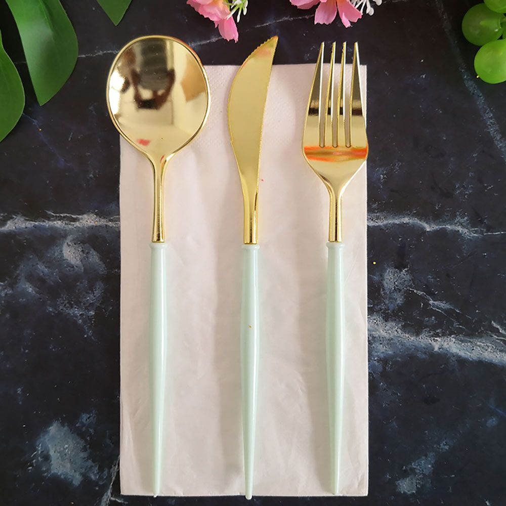 Gold Knives Forks Spoons Set Tableware Colorful Gilt Plastic Food Grade Disposable For Birthday Party Cake Fruit Desserts Dinner