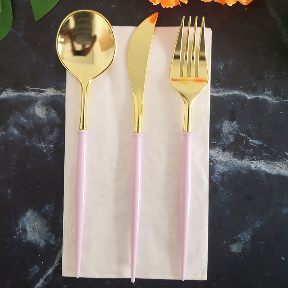 Gold Knives Forks Spoons Set Tableware Colorful Gilt Plastic Food Grade Disposable For Birthday Party Cake Fruit Desserts Dinner