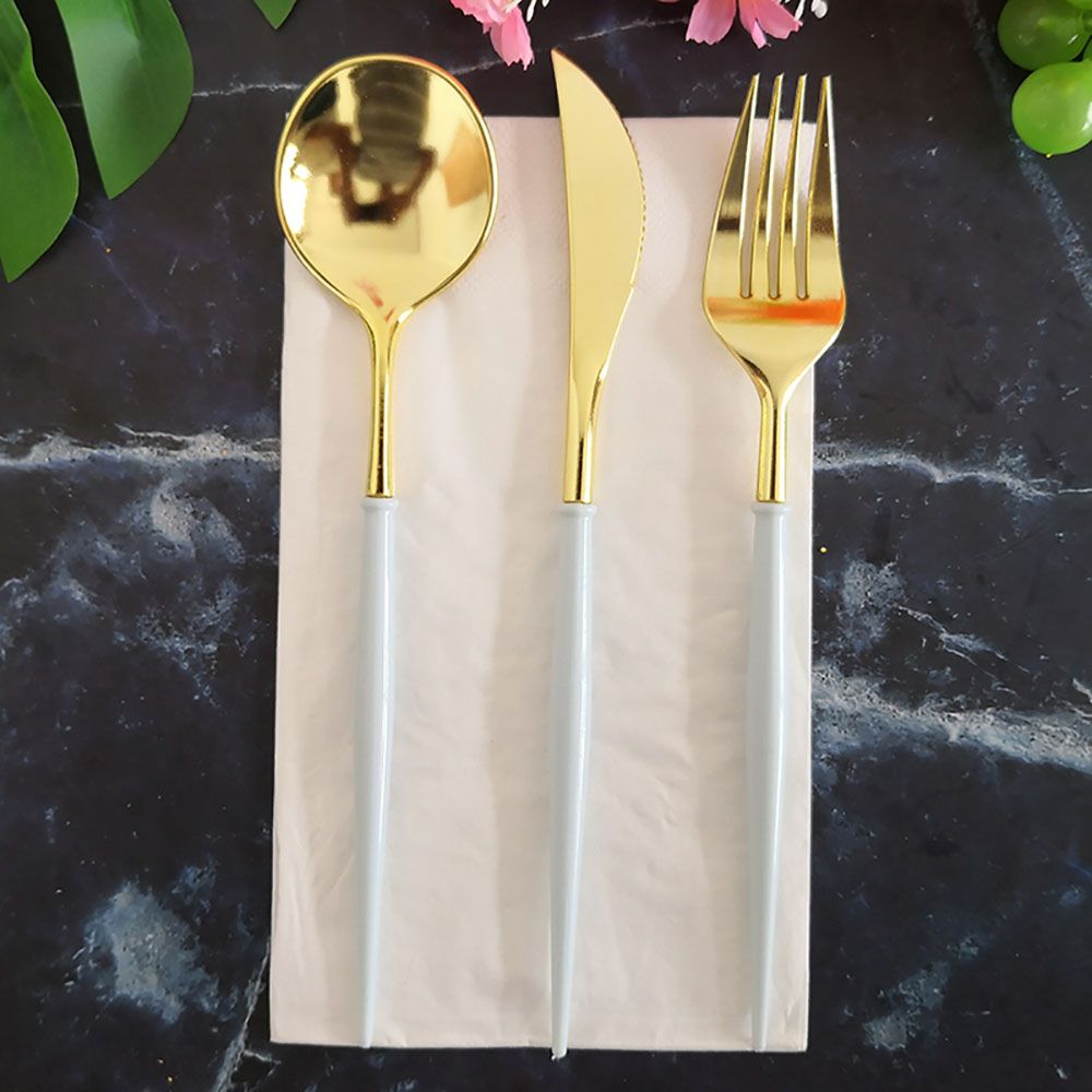 Gold Knives Forks Spoons Set Tableware Colorful Gilt Plastic Food Grade Disposable For Birthday Party Cake Fruit Desserts Dinner