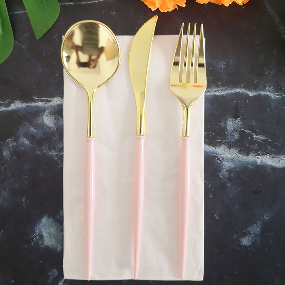 Gold Knives Forks Spoons Set Tableware Colorful Gilt Plastic Food Grade Disposable For Birthday Party Cake Fruit Desserts Dinner