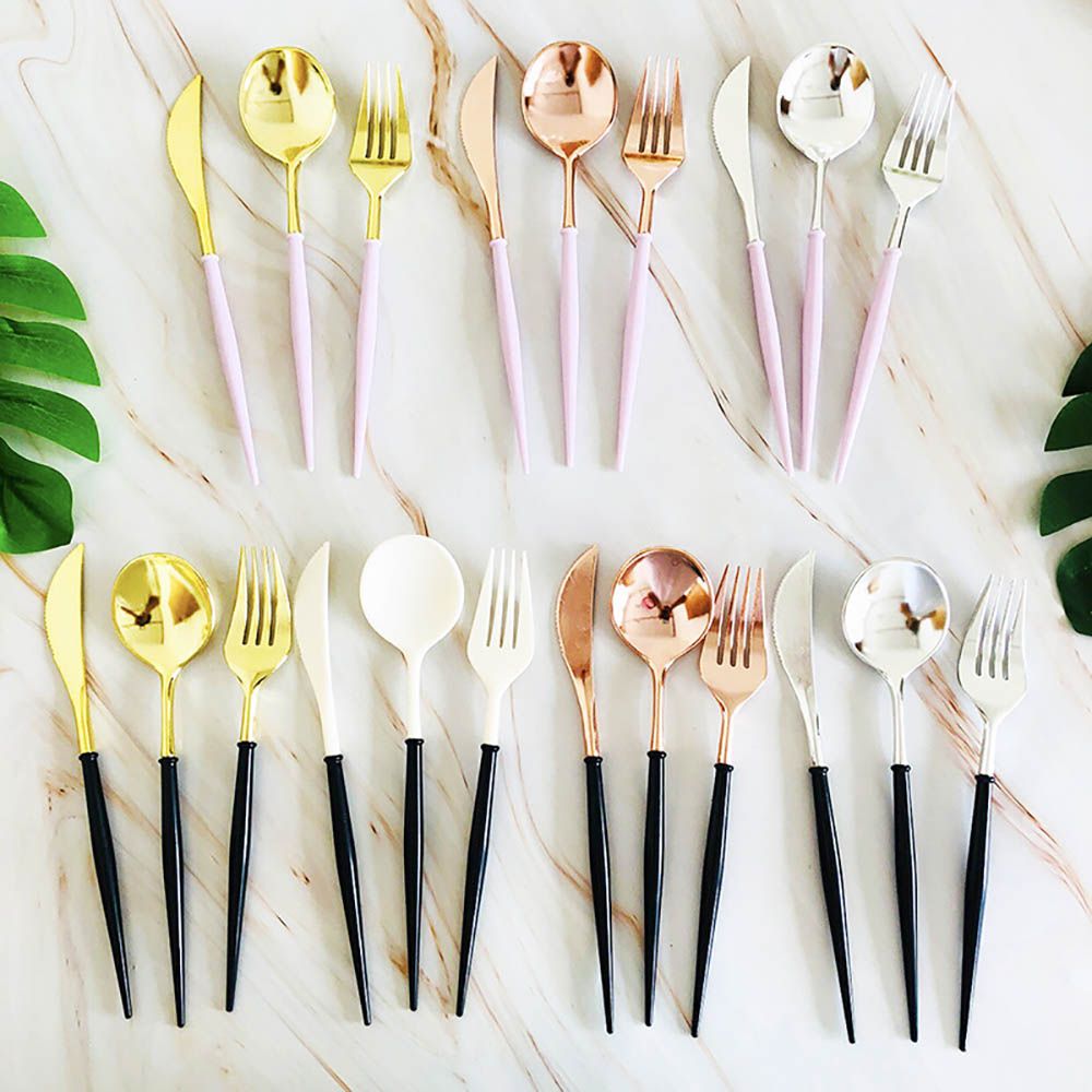 Gold Knives Forks Spoons Set Tableware Colorful Gilt Plastic Food Grade Disposable For Birthday Party Cake Fruit Desserts Dinner