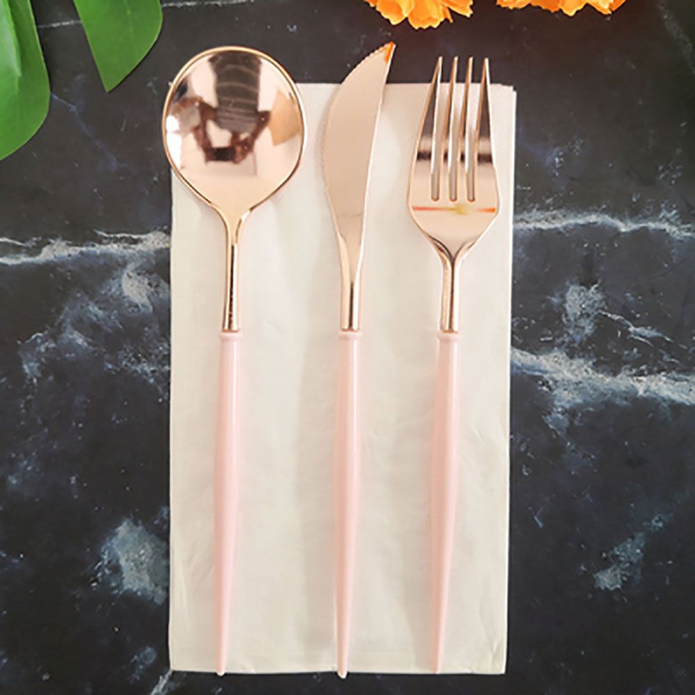 Rose Gold Knives Forks Spoons Set Tableware Colorful Gilt Plastic Food Grade Disposable For Birthday Party Cake Fruit Desserts Dinner