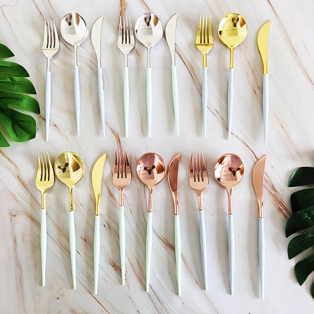 Rose Gold Knives Forks Spoons Set Tableware Colorful Gilt Plastic Food Grade Disposable For Birthday Party Cake Fruit Desserts Dinner