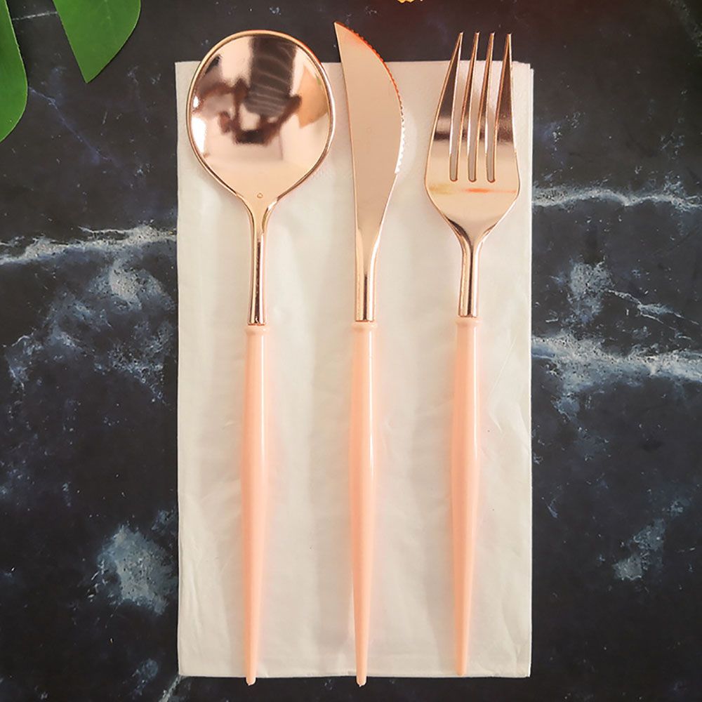 Rose Gold Knives Forks Spoons Set Tableware Colorful Gilt Plastic Food Grade Disposable For Birthday Party Cake Fruit Desserts Dinner