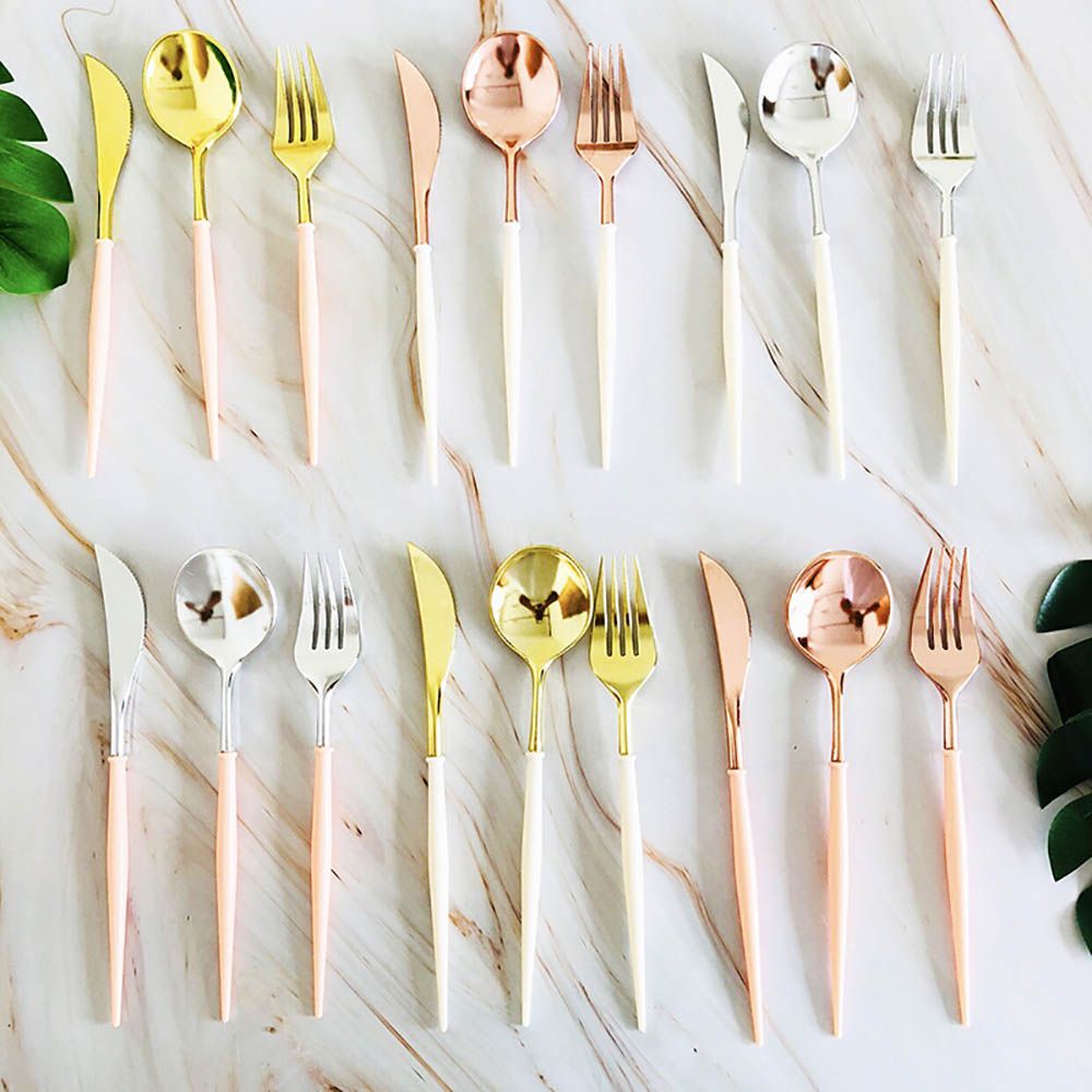 Rose Gold Knives Forks Spoons Set Tableware Colorful Gilt Plastic Food Grade Disposable For Birthday Party Cake Fruit Desserts Dinner