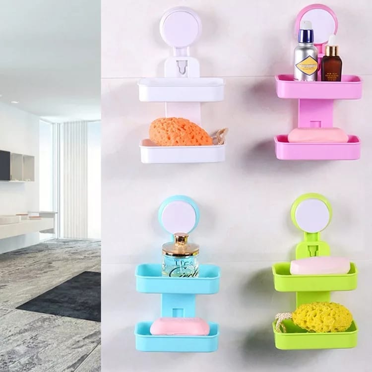 2Pcs Classy Quality Suction Double Soap Rack No Drilling Wall Mounted Double Layer Soap Holder