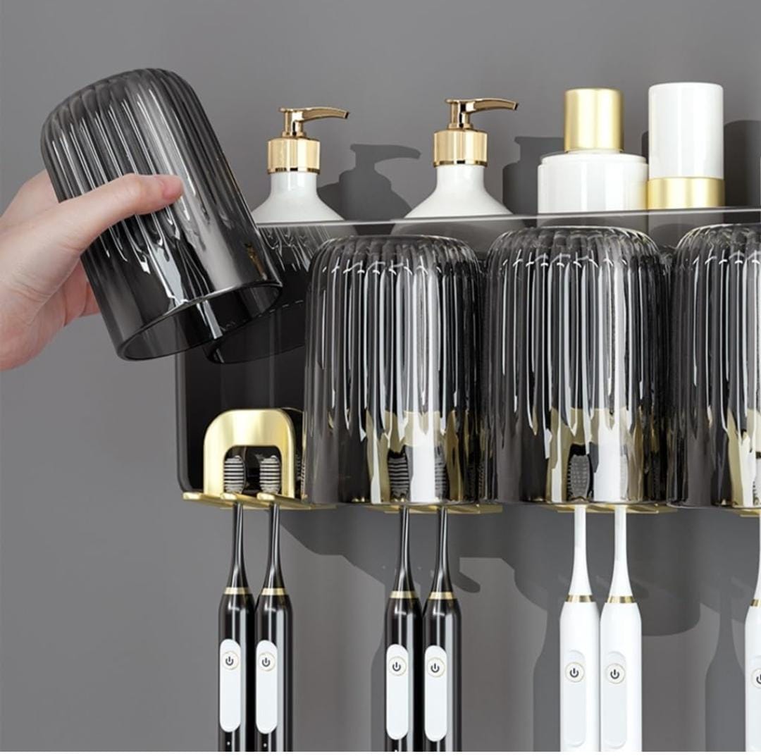 🌟 PREMIUM OFFER 🌟 - !! 5 IN 1 Classy Very Quality Acrylic Integrated inverted toothbrush holder, toothpaste dispenser, 3 cups bathroom organizer At Affordable Price and of very high quality
