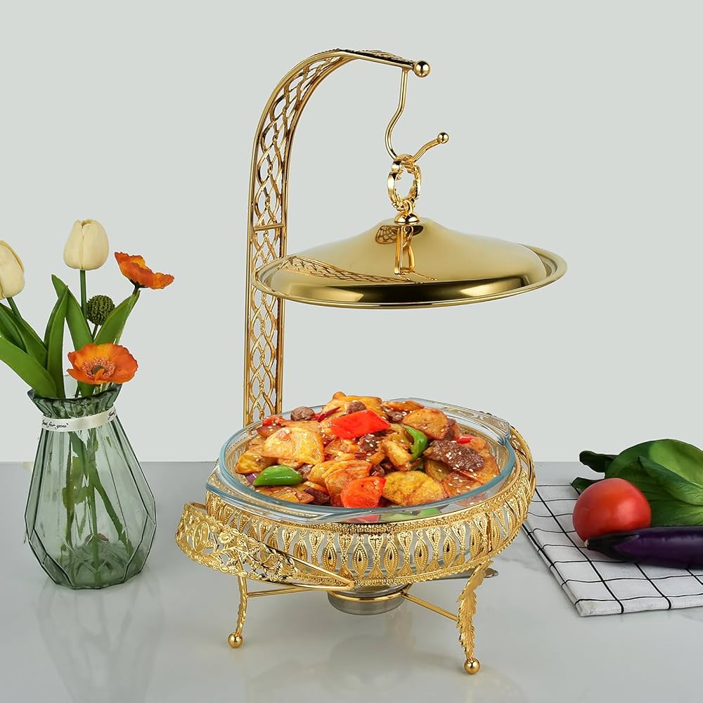 💰 BEST OFFER 💰]  - 1Pc Classy Very Quality Affordable Golden 3.0L oval elegant chaffing dish glass food warmer with hanging lid holder At Affordable Price