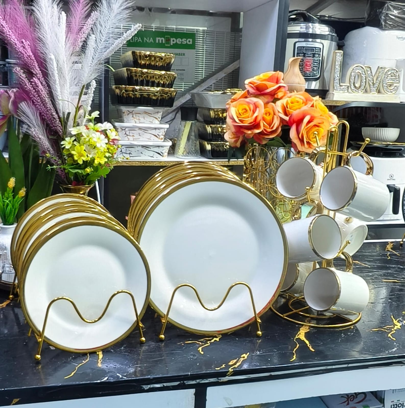 💥 HOT OFFER 💥 1PC 18Pcs Gold Ring Ceramic Dinner Set with 6 Big Plates 6 Side Plates & 6 Mugs Modern Stylish Home Dining Deal