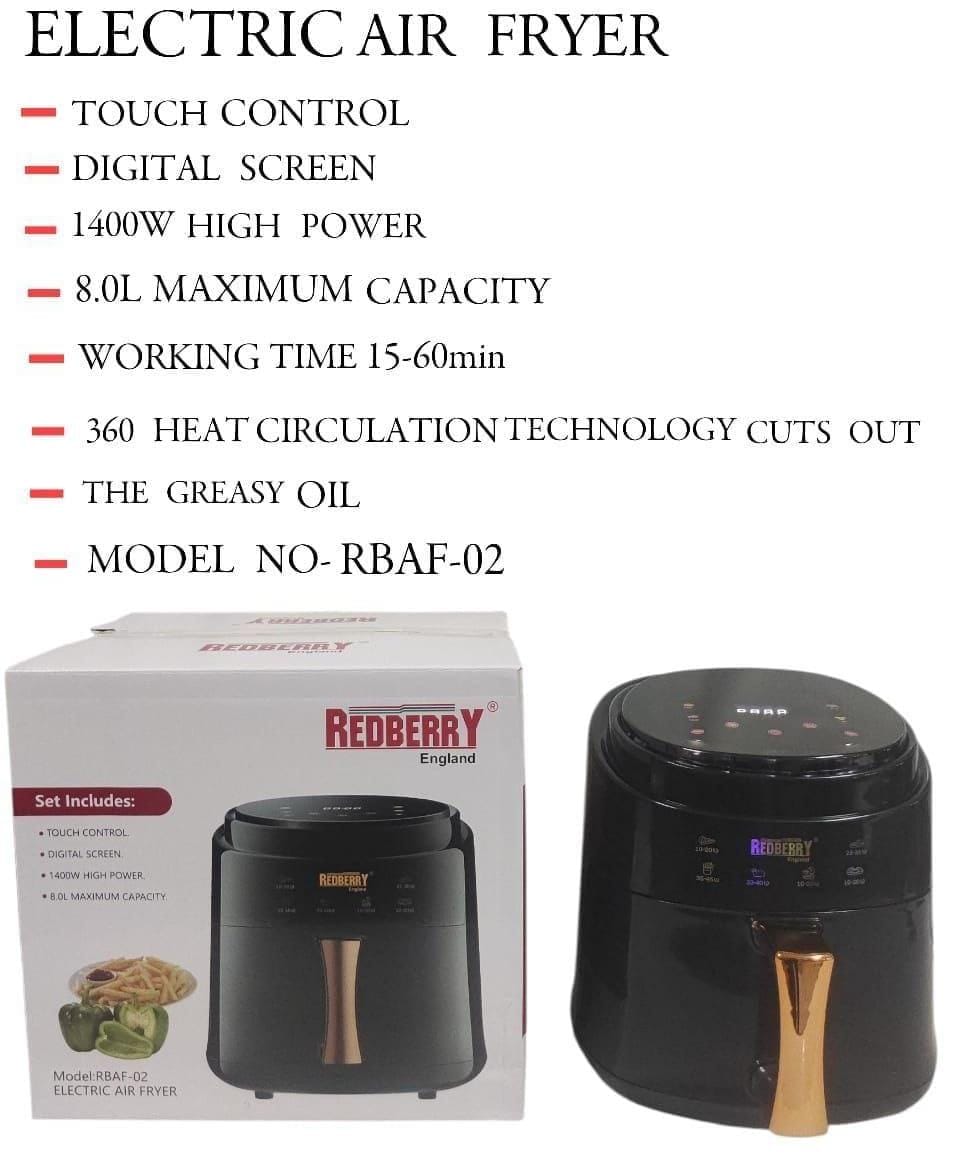 ⚡ QUICK DEAL ⚡ Redberry 8L Premium Airfryer RBAF Energy Saving 5-Star Rated ABS Plastic Digital Fryer for Healthy Cooking