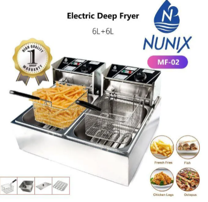 (LIMITED DEAL) Nunix Double Tank 6+6 L Stainless Steel Deep Fryer – Double the Frying Power! Serve up crispy, golden perfection with the Nunix Double Tank 6+6 L Stainless Steel Deep Fryer