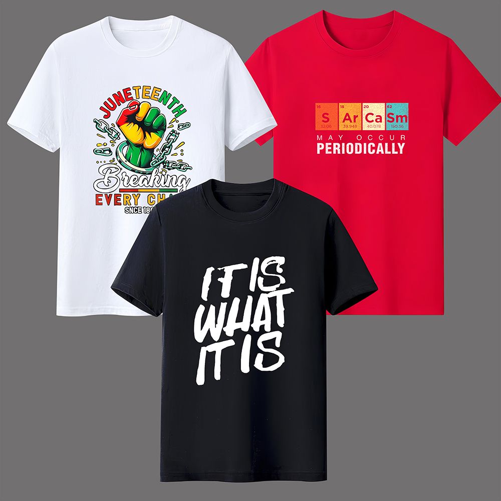 Man clothes【3-piece】Men's Graphic T - Shirts, in White, Red, Black. Juneteenth - themed design, periodic table quote, "It Is What It Is" slogan. Comfort fabric, casual style for everyday wear.