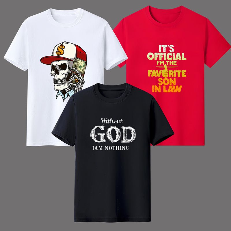 Man clothes【3-piece 】Men's Graphic Tees, White/Red/Black. Features skull - money design, "Favorite Son - in - Law" slogan, "Without God I Am Nothing" text. Comfort fabric, for casual wear.