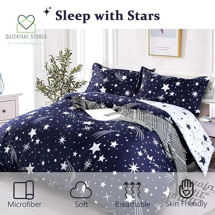 OFFER!!! 5*6 Quality Dream Star Duvet Set, Comforter Set Luxury Soft Bedding, Space Theme Kids Quilt Cover (Blue White, 1 bedsheet & 2 Pillowcases, Twin Size)