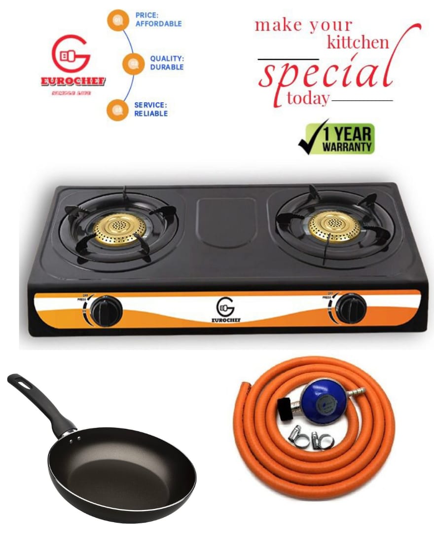 Eurochef Table Top Stainless Steel 2 Burner Gas Cooker Plus 6kg Regulator, 2 metres Pipe, 2 tightners and a pan