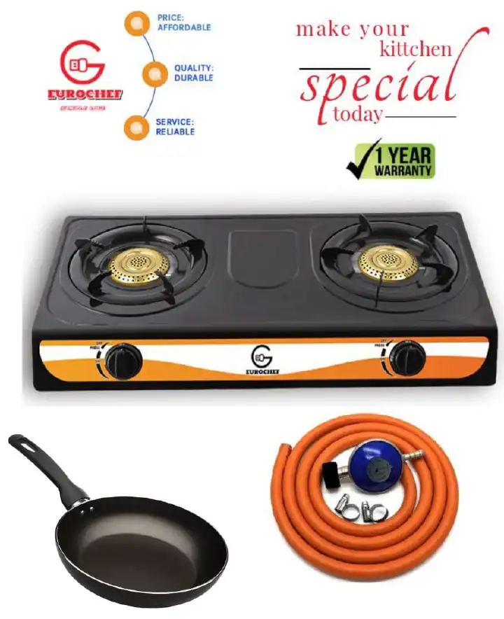 Eurochef Table Top Stainless Steel 2 Burner Gas Cooker Plus 6kg Regulator, 2 metres Pipe, 2 tightners and a pan