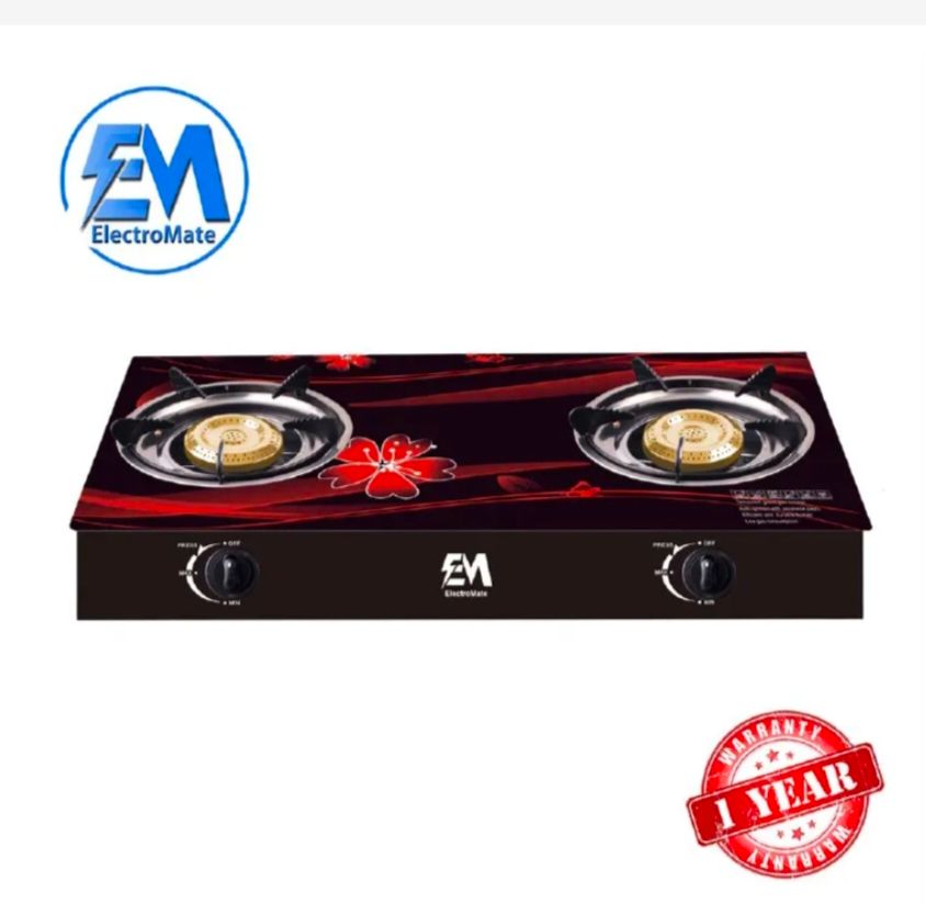 【HOT OFFER) ElectroMate Glass Top Infrared Double Burner Gas stove Super Infrared Heater Saving Gas cooker Black