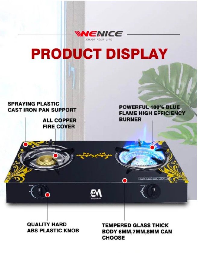 【HOT OFFER) ElectroMate Glass Top Infrared Double Burner Gas stove Super Infrared Heater Saving Gas cooker Black