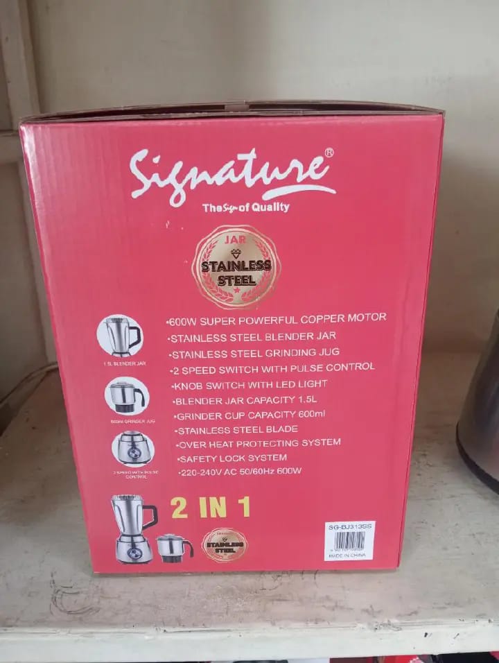 2 in 1 Signature blender with 1.5L Stainless steel Jar and 600ml grinder jar SG-BJ313G Super powerful signature blender with 600W copper motor