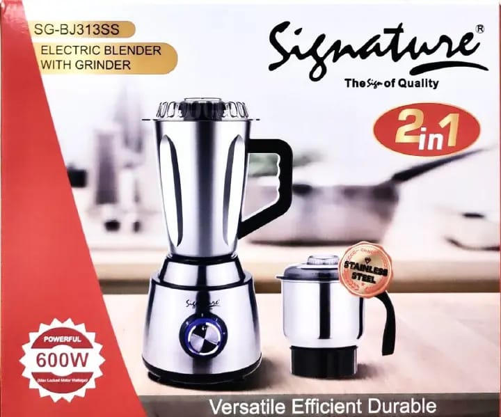 2 in 1 Signature blender with 1.5L Stainless steel Jar and 600ml grinder jar SG-BJ313G Super powerful signature blender with 600W copper motor