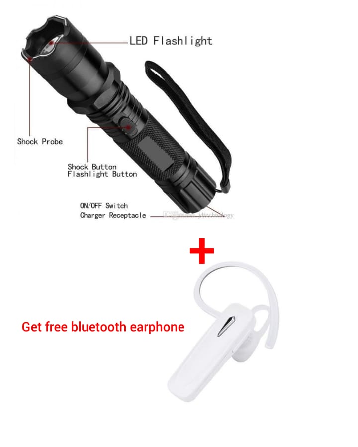 Self-Defense Torch With Electric Shock Black With shock With Free Bluetooth Earphone