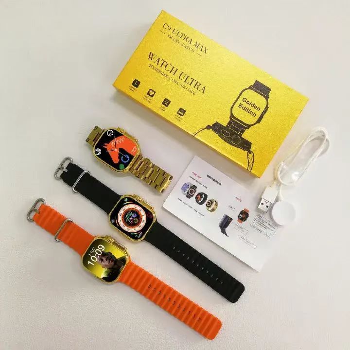 Golden Smart Watch 2.01 inch Ultra Max Bluetooth Waterproof Sports Smartwatch with Real Screw Buckle Metal Dual Band Business Luxury Watches
