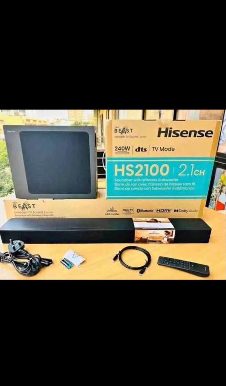 Hisense 240 watts 2.1CH hs2100 The Hisense HS2100 2.1CH Soundbar comes equipped with a wireless 5.25″ Subwoofer and is the perfect addition to your home entertainment setup. This Hisense Soundbar take