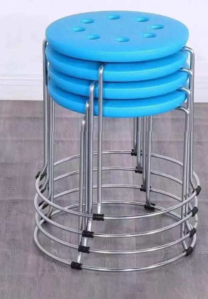 Stackable portable 1pc stools Indian home stainless steel stackable round stool.Seat material;wooden Easy to install, portable and stackable.Saves on spaceStrong metallic stands 
▪️ Coated hard plasti