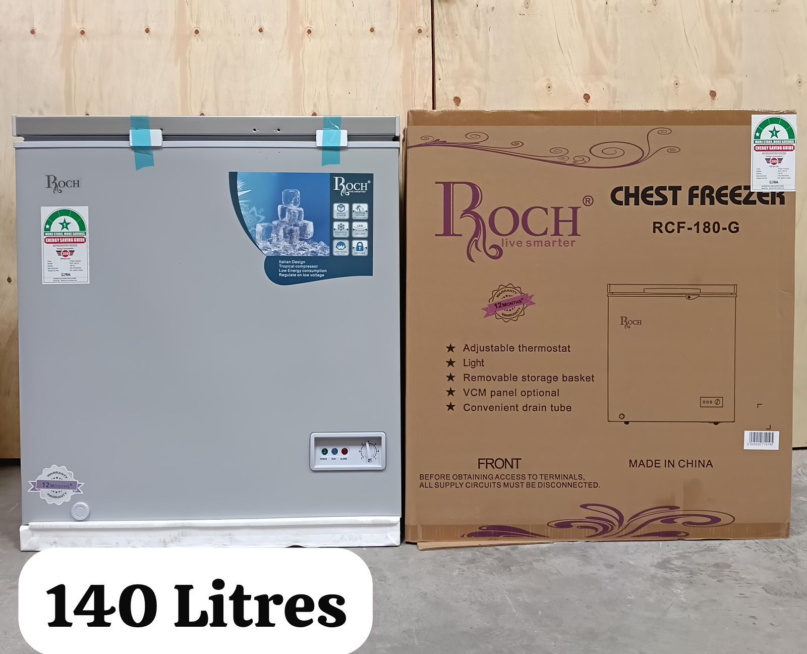 CLEARANCE OFFER 140 litres ROCH CHEST FREEZER WITH COOL PACK  SLIDING GLASS 
LOCK AND KEY
RCF-180-G