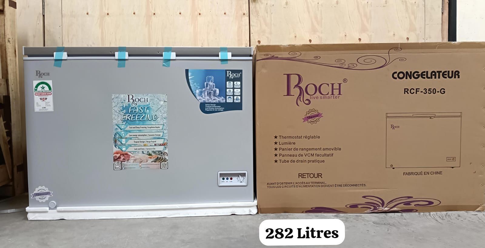 CLEARANCE OFFER 282 litres ROCH CHEST FREEZER WITH COOL PACK  SLIDING GLASS 
LOCK AND KEY
RCF-350-G