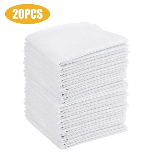 20pcs Soft Pure Cotton Handkerchiefs, LEDream 38x38cm Men's White Hankies, Classic Pocket Squares with Stripe