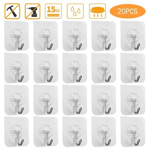 20/10pcs Self-Adhesive Wall Hooks Heavy Duty Reusable Hangers, 6x6cm, Transparent0-Pack