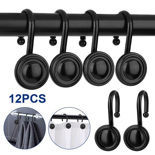12pcs Shower Curtain Hooks, Stainless Steel Vintage Decorative Shower Curtain Rings, Rustproof Shower Hooks for Bathroom Shower Rods Curtains, Black