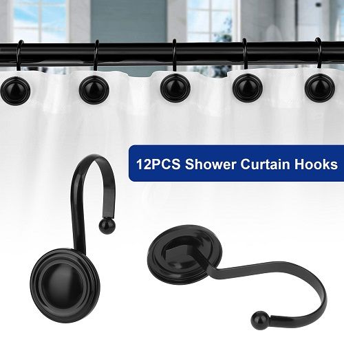 12pcs Shower Curtain Hooks, Stainless Steel Vintage Decorative Shower Curtain Rings, Rustproof Shower Hooks for Bathroom Shower Rods Curtains, Black