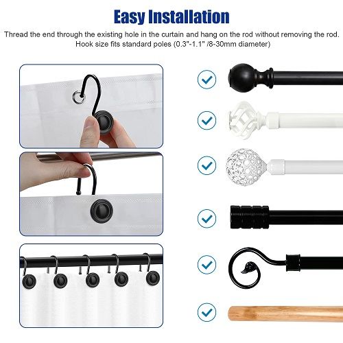 12pcs Shower Curtain Hooks, Stainless Steel Vintage Decorative Shower Curtain Rings, Rustproof Shower Hooks for Bathroom Shower Rods Curtains, Black