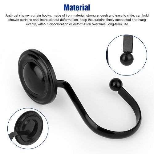 12pcs Shower Curtain Hooks, Stainless Steel Vintage Decorative Shower Curtain Rings, Rustproof Shower Hooks for Bathroom Shower Rods Curtains, Black