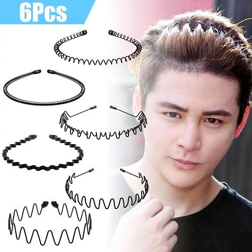 6Pcs Metal Hair Bands, LEDream Men's Wavy Spring Headbands, Fashion and Elastic Hair Hoops for Sports and Beauty Care, Black