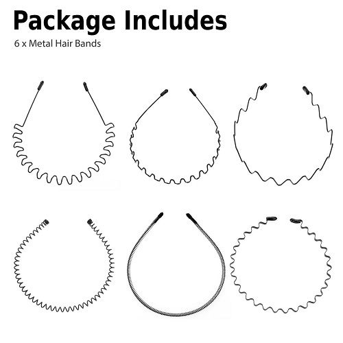 6Pcs Metal Hair Bands, LEDream Men's Wavy Spring Headbands, Fashion and Elastic Hair Hoops for Sports and Beauty Care, Black