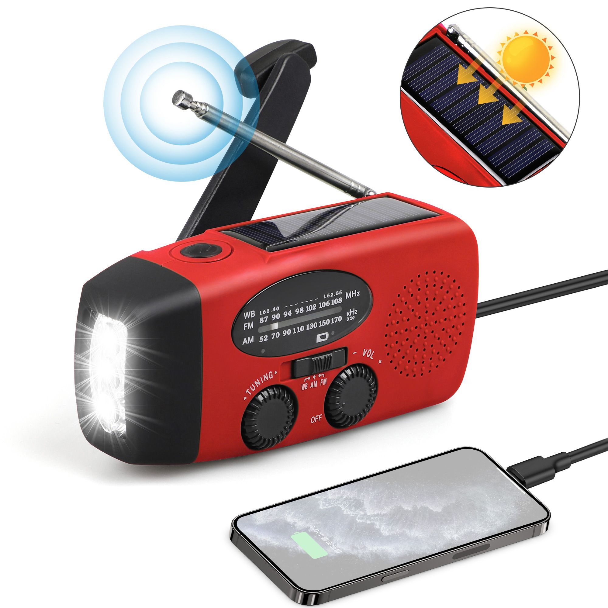 Hand Crank Emergency Radio, Portable Radio Solar Powerd AM FM WB NOAA Weather Radio with SOS Alarm, Cell Phone Charge