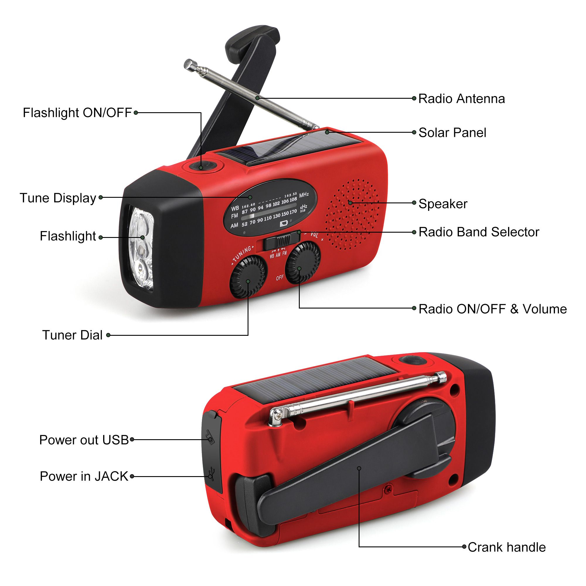 Hand Crank Emergency Radio, Portable Radio Solar Powerd AM FM WB NOAA Weather Radio with SOS Alarm, Cell Phone Charge
