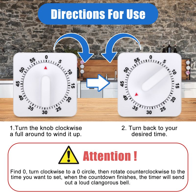 60 Minute Mechanical Kitchen Timer, Visual Kitchen Cooking Timer Clock with Loud Alarm - No Batteries Required-Manual Countdown Timer for Classroom, Home, Study and Cooking (White)