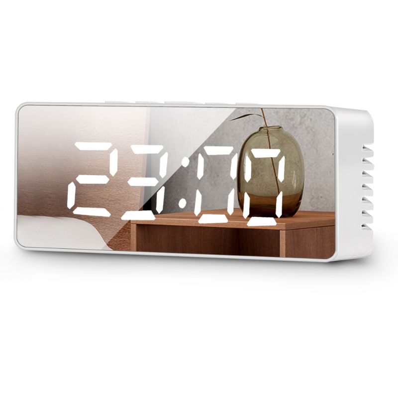 USB Powered Alarm Clock, Portable Modern Battery Operated Mirror Clock, Large Digital LED Display, Smart Snooze Multi-Function 12/24h Format Temperature, Adjustable Brightness